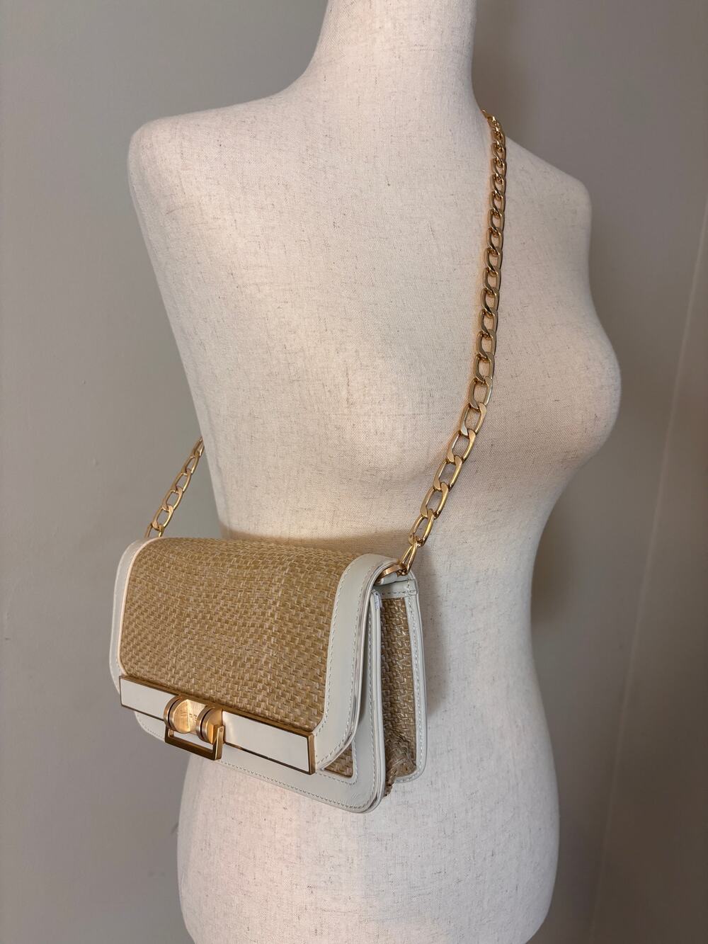 Reiss Lexi Raffia White Gold Chain Shoulder Bag